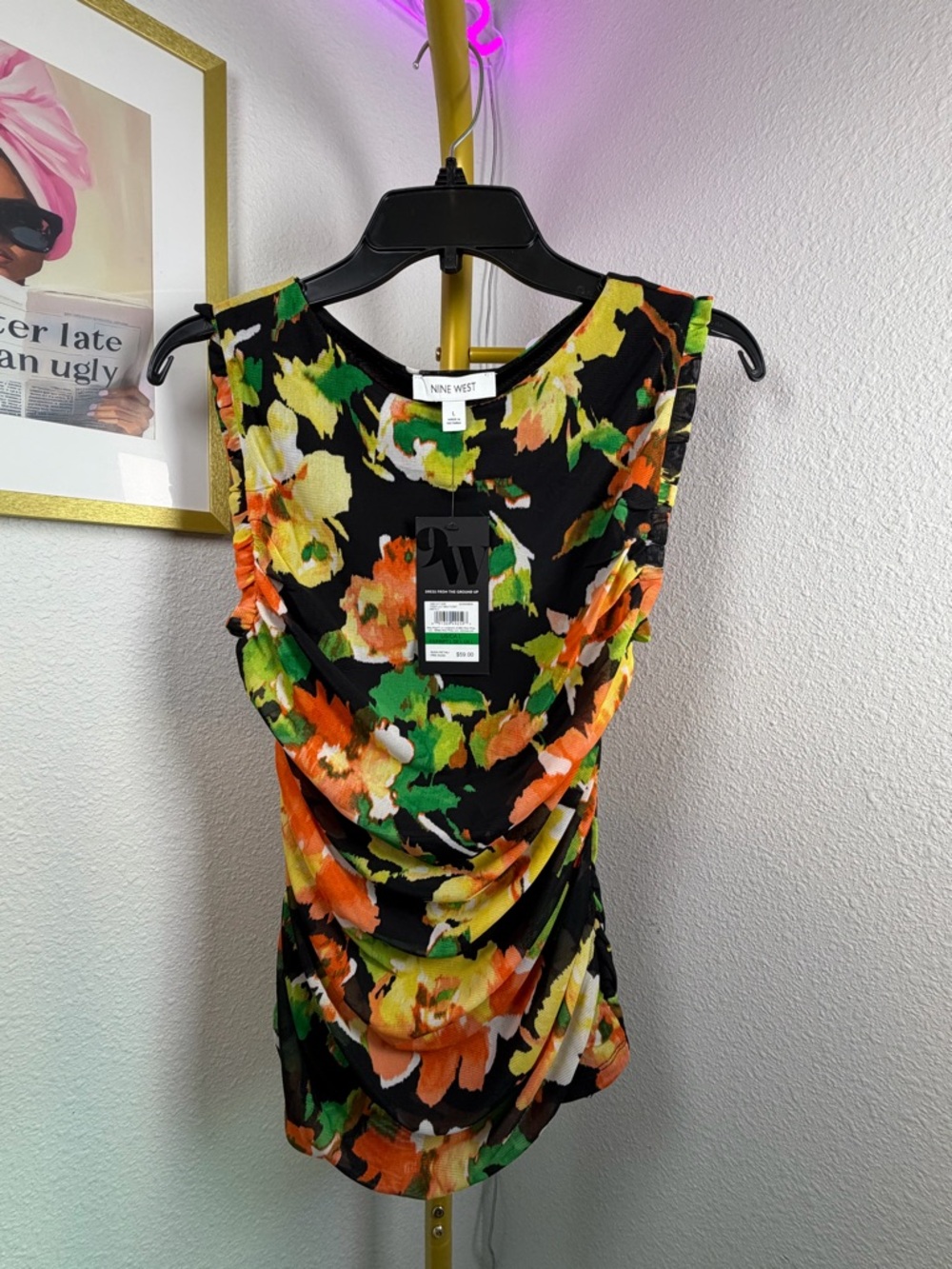 Nine West Black Floral Print Sleeveless Top with Green and Orange Accents Size L